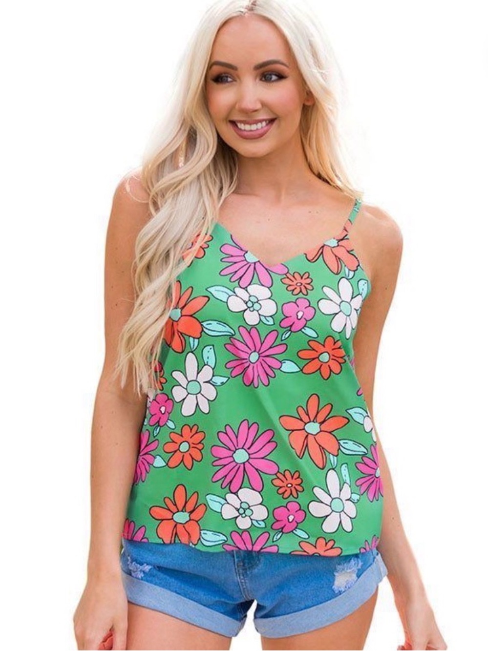 Floral Green V-Neck Cami Tank Top - Women's Size Xl